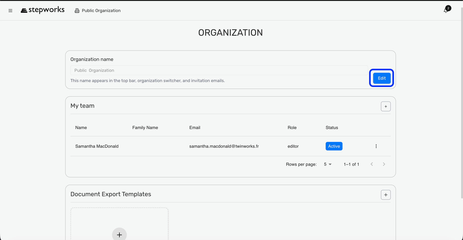 Organization page with the organization name field and Edit button.