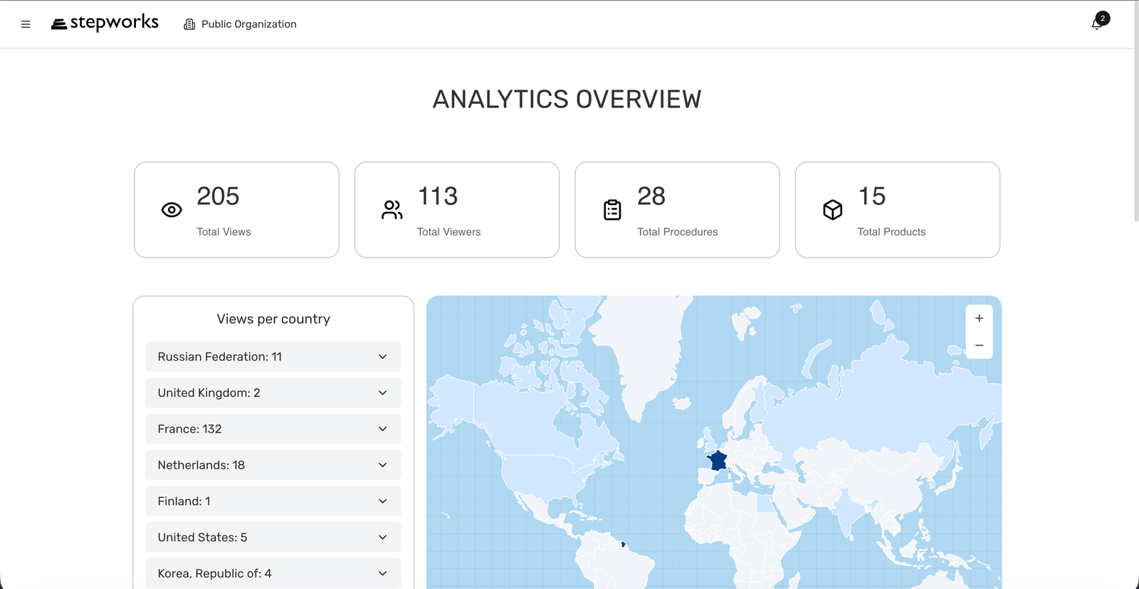 Dashboard overview with metrics cards and the country map.