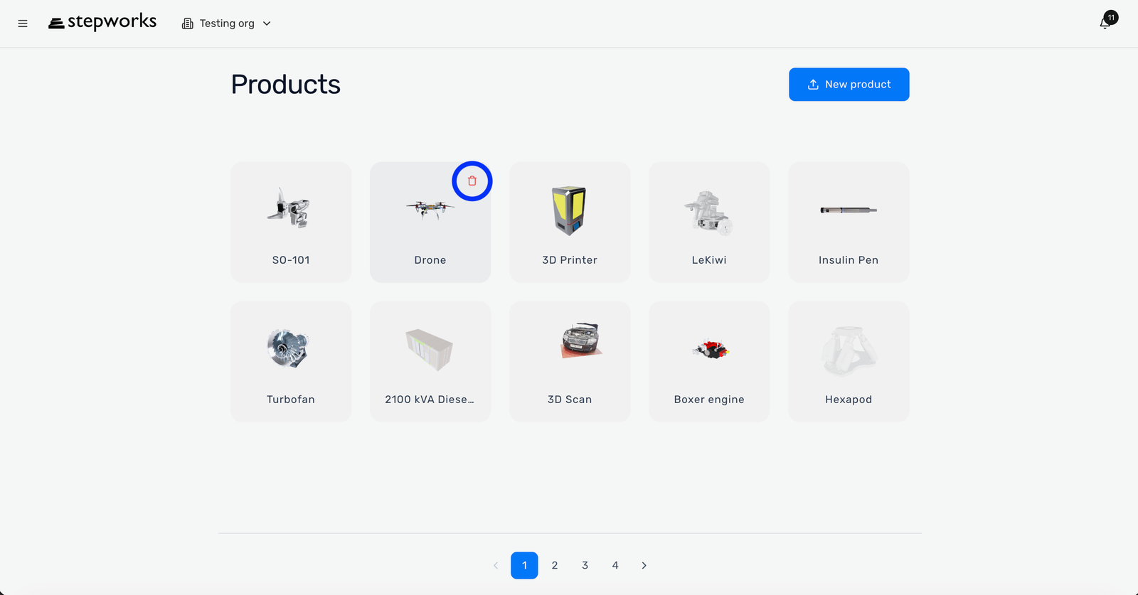 Products page with the delete action highlighted on a product.