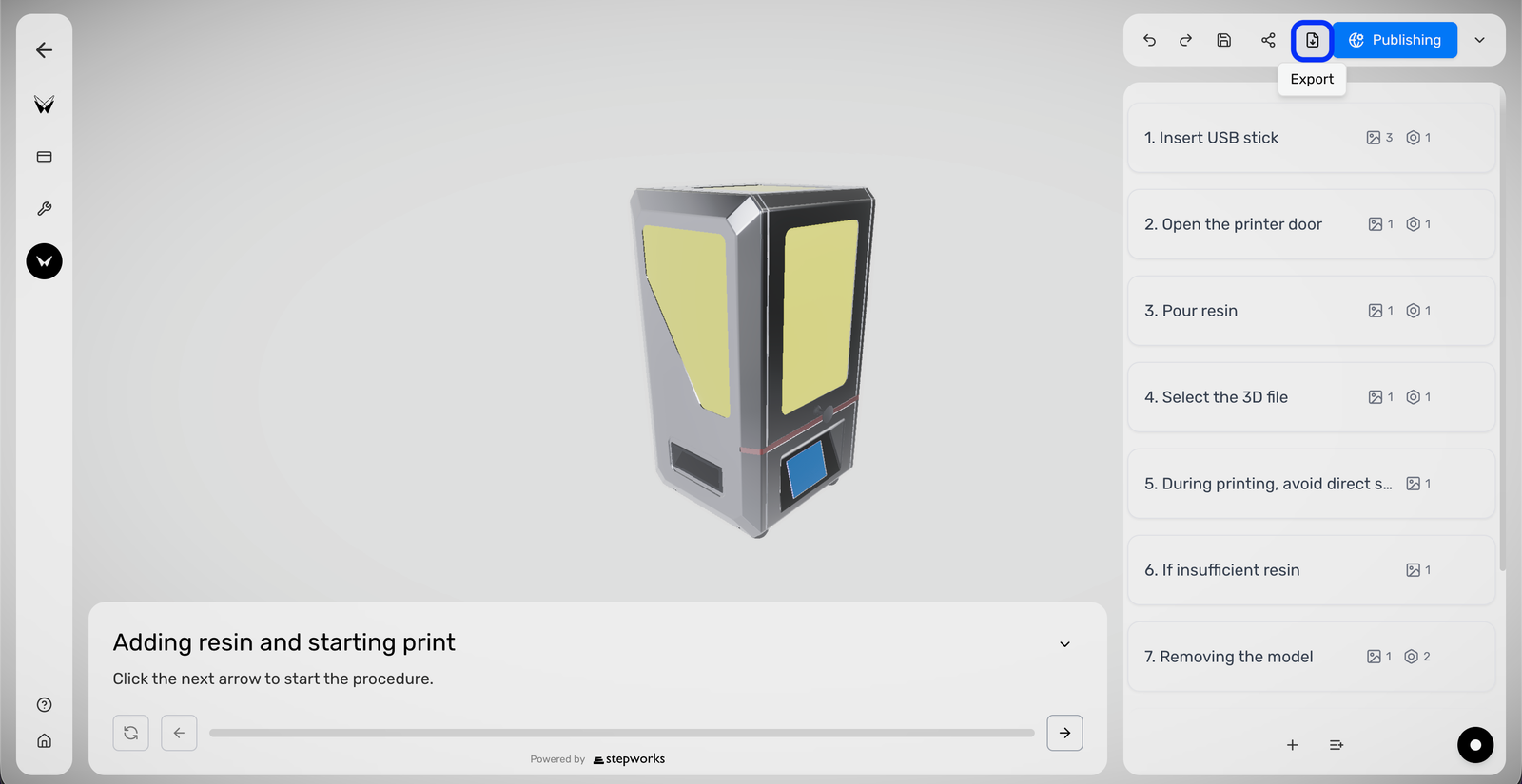 Procedure Editor header with the Export action highlighted.