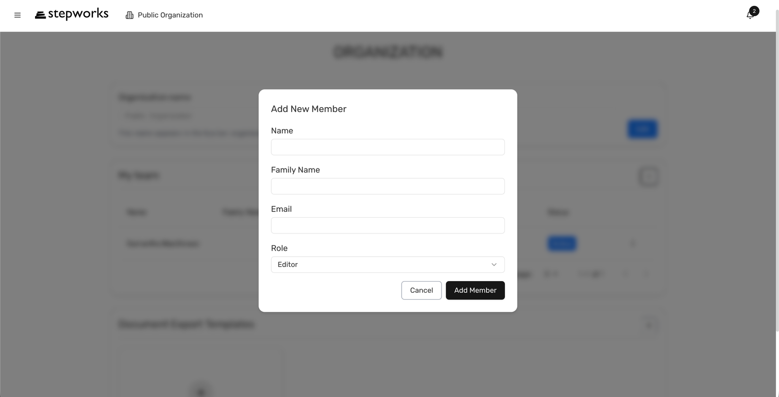 Organization page with My team and the Add New Member dialog.