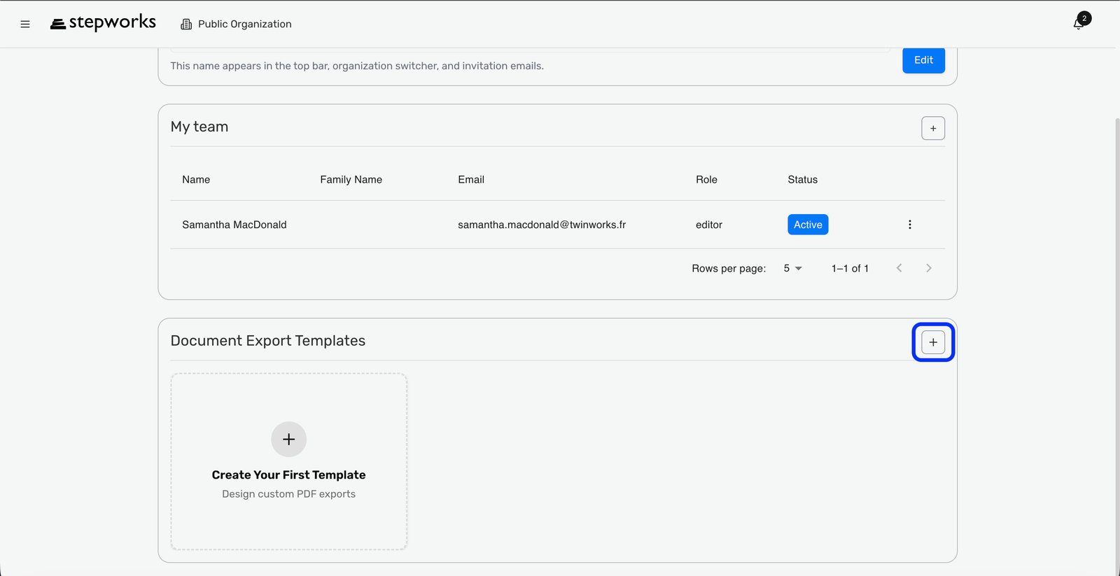 Organization page with Document Export Templates and the add-template action.