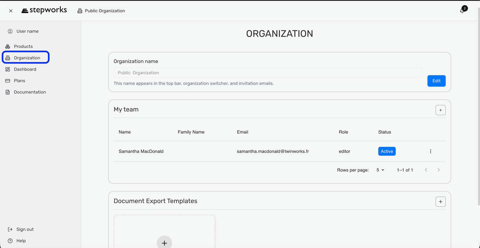 Organization page with the organization name section, My team, and Document Export Templates.