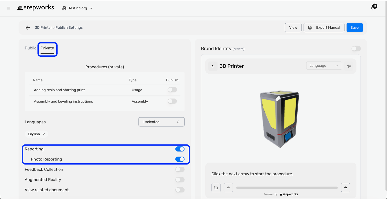 Publish Settings private tab with Reporting and Photo Reporting enabled.