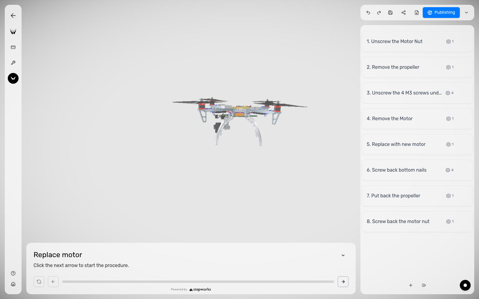 Procedure Editor with the loaded 3D model, step list, and procedure controls.
