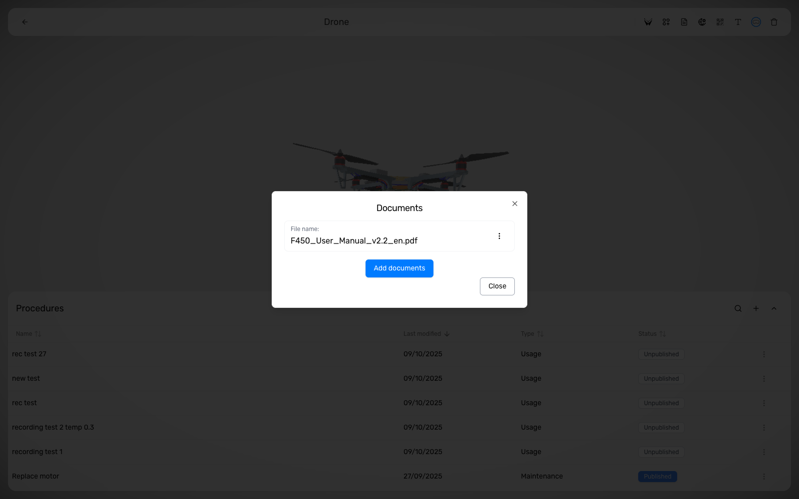 Product Document dialog showing an attached PDF and document controls.