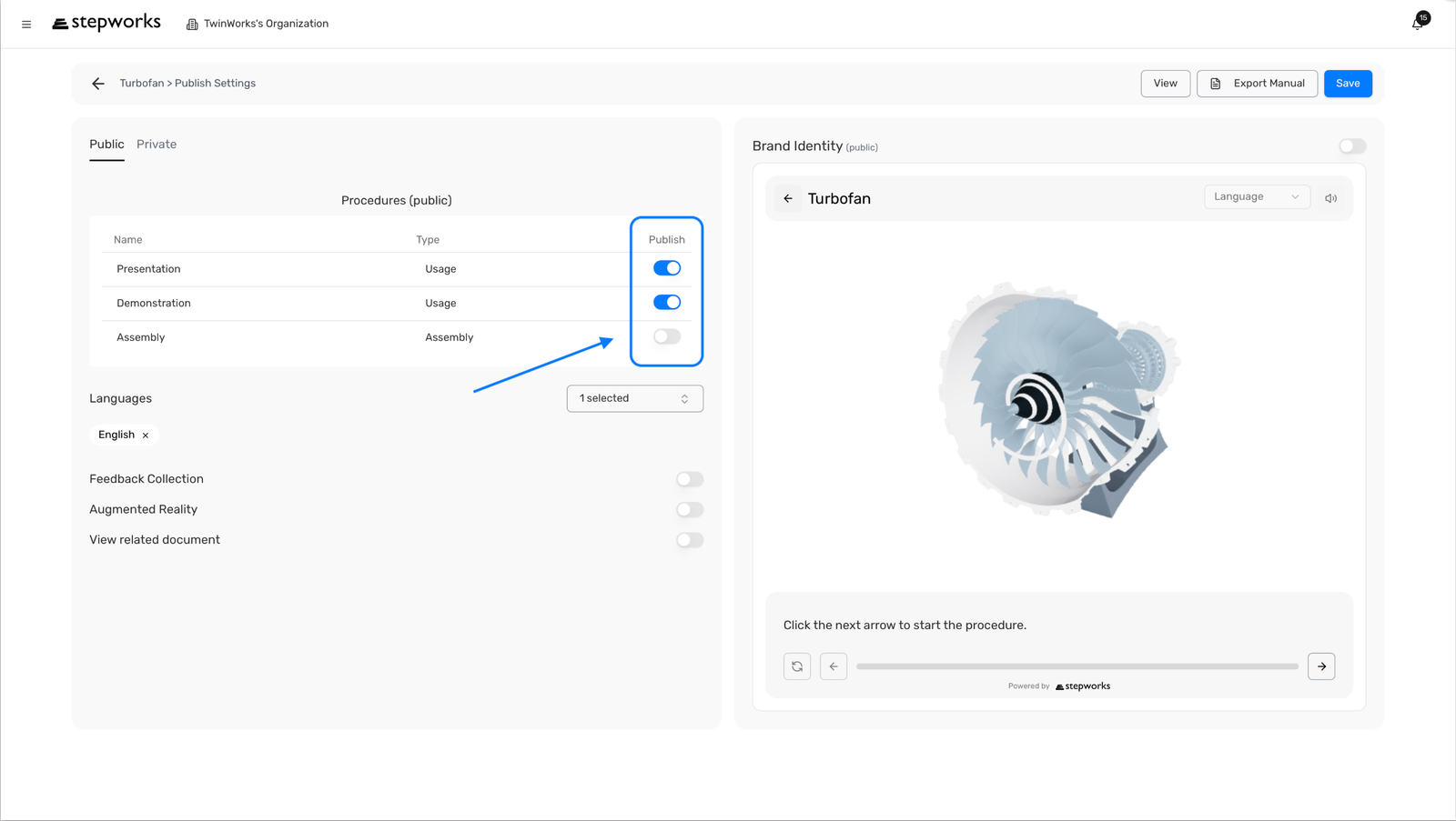 Publish Settings procedure list with the publish toggles highlighted.