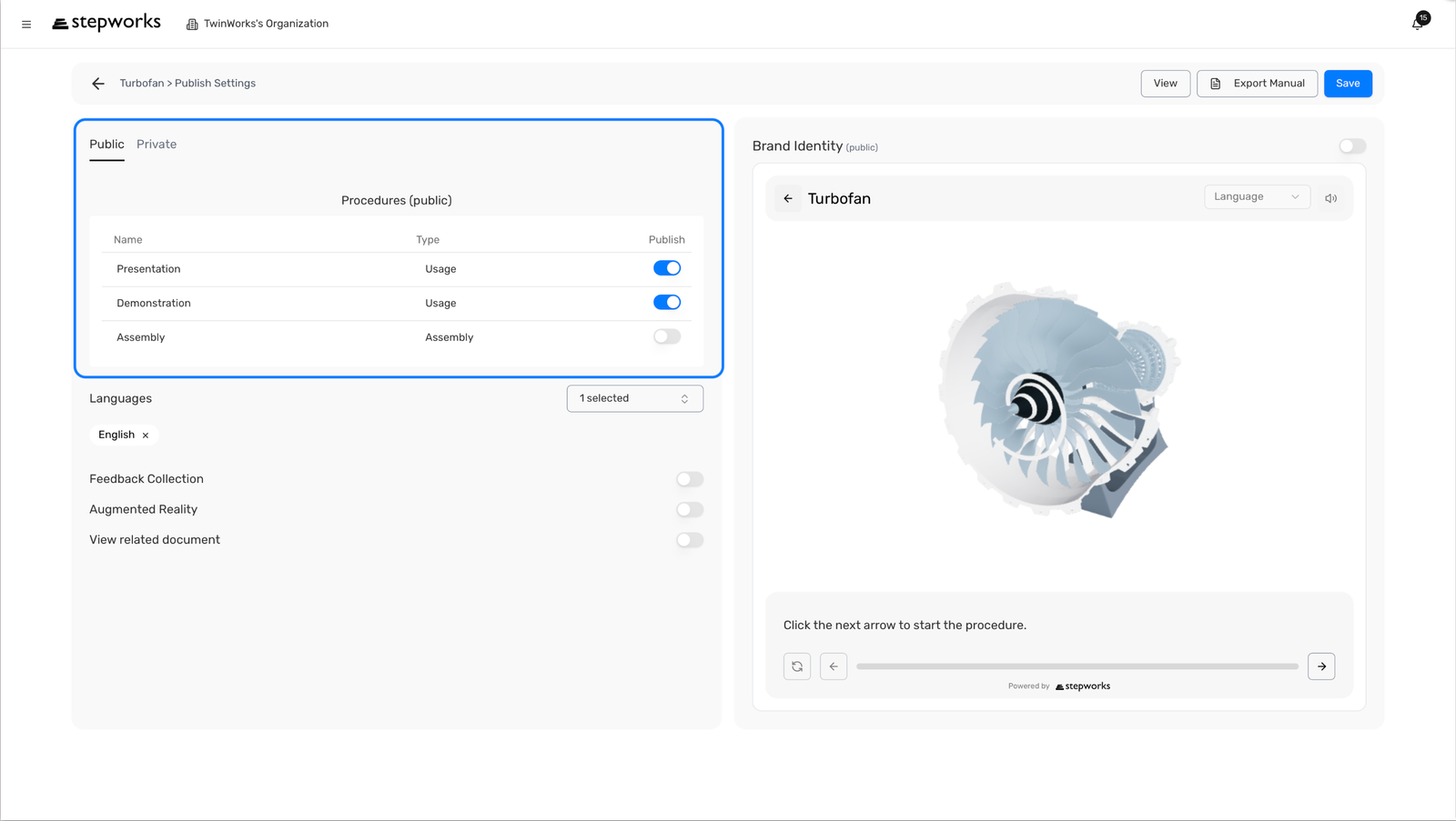 Publish Settings page with the Public and Private tabs and the procedures area highlighted.