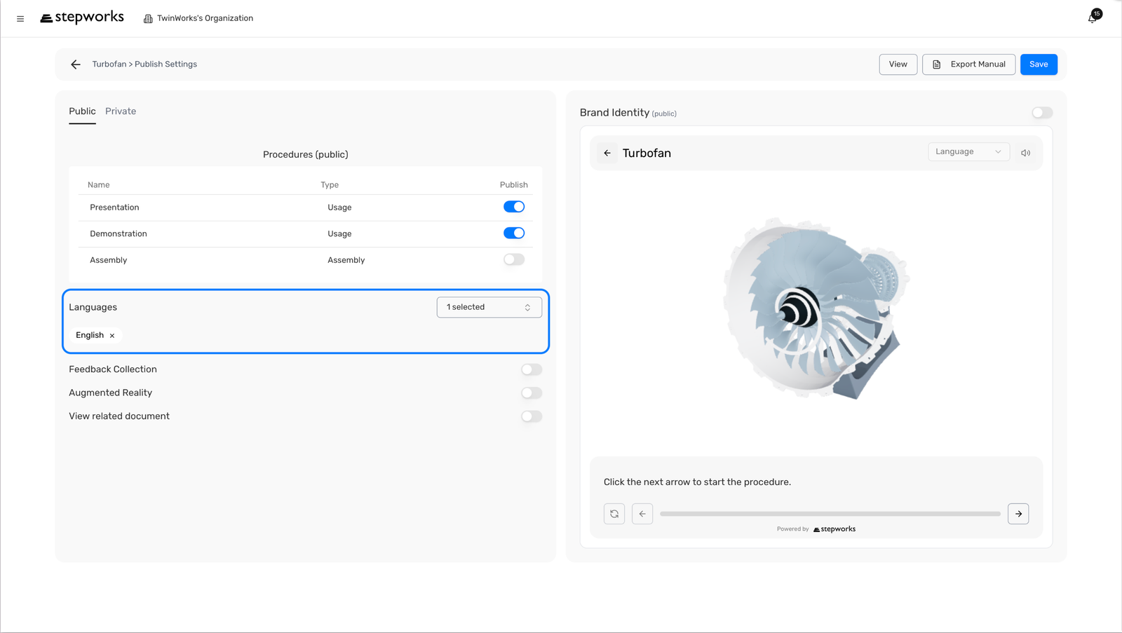 Publish Settings language selection area with the current viewer language list.