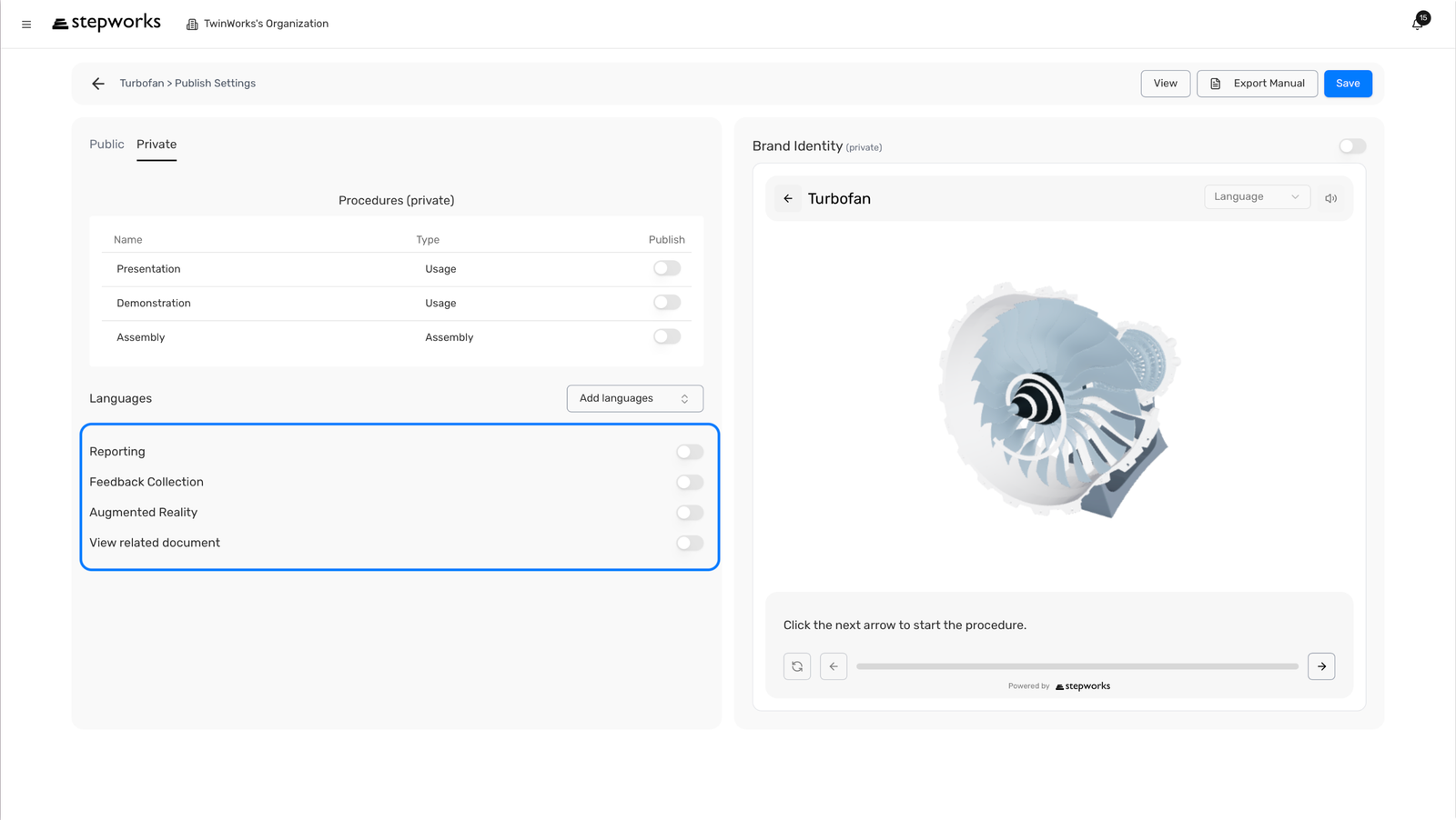 Publish Settings private tab with the viewer option toggles highlighted.