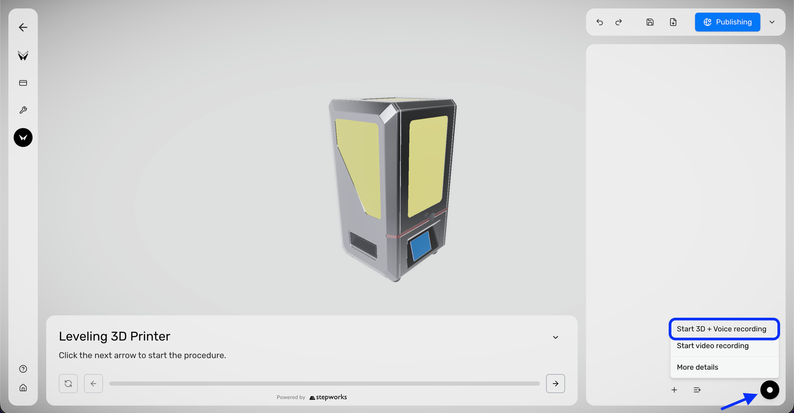 Procedure Editor with the record menu open on Start 3D + Voice recording.
