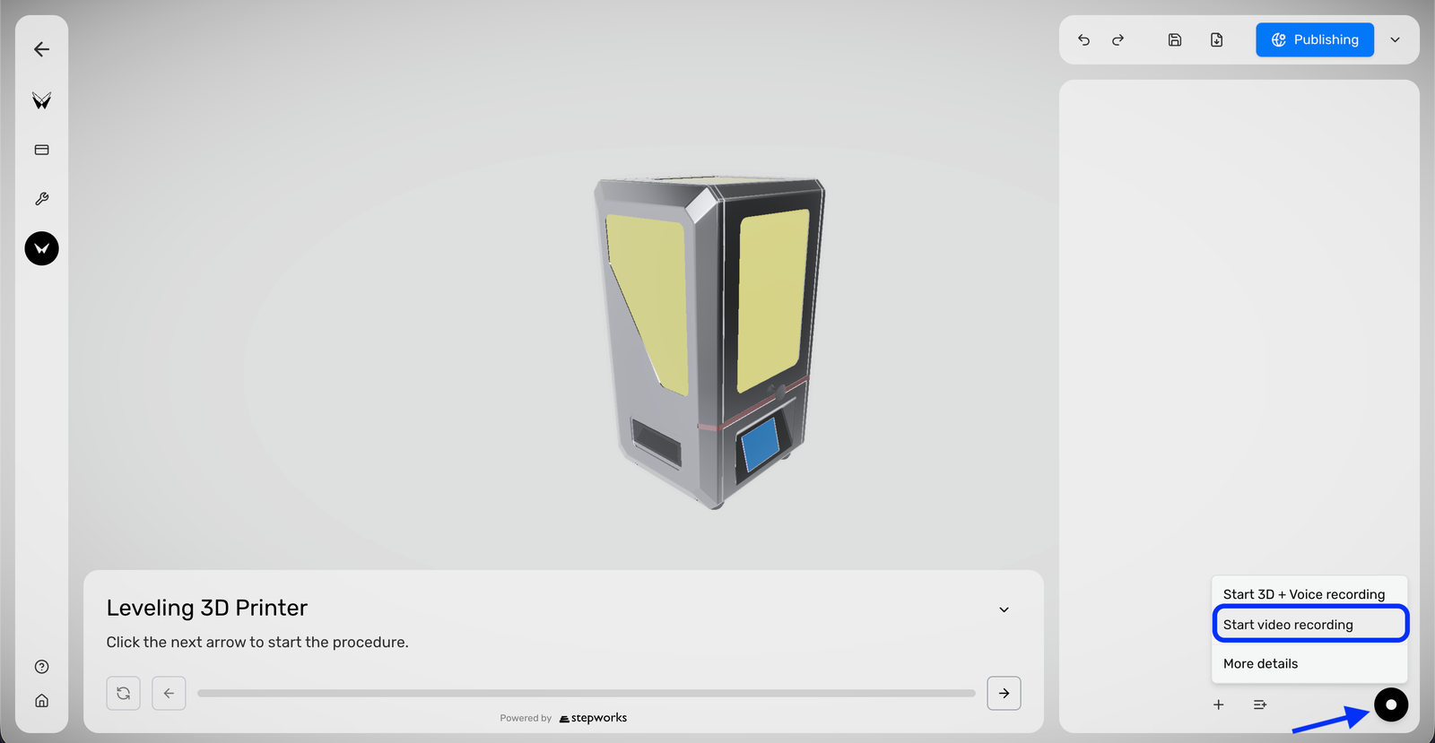 Procedure Editor with the record menu open on Start video recording.