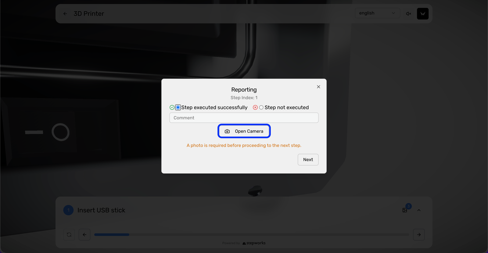 Private viewer with the reporting panel open on a step that requires a photo.